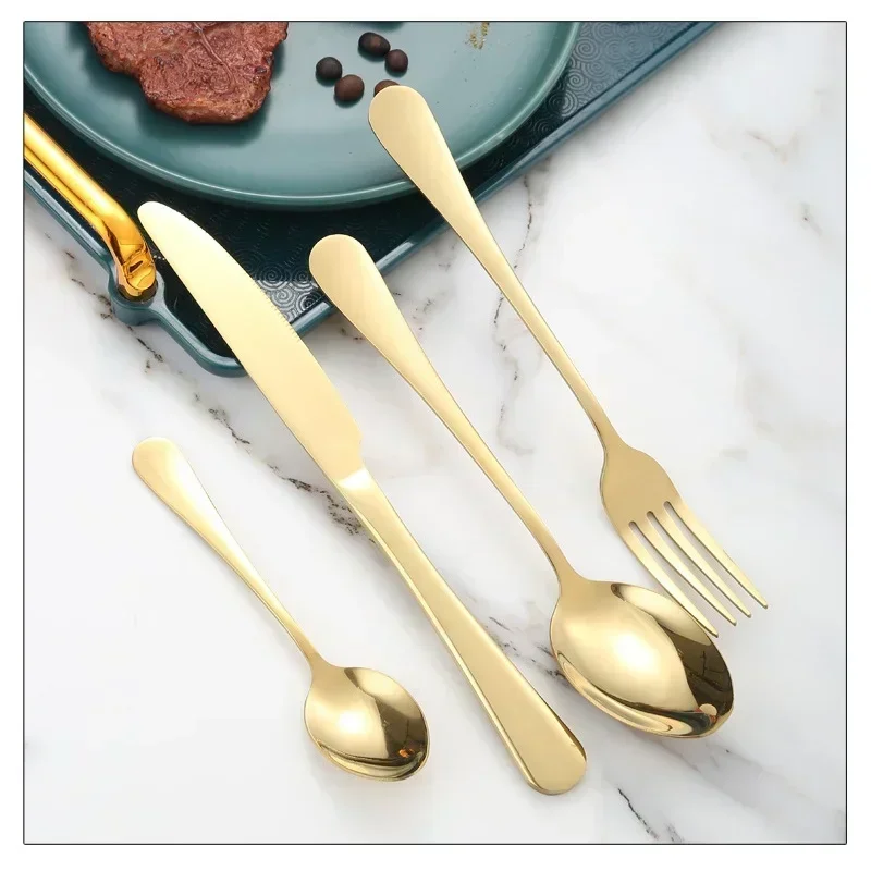 24Pcs Gold Cutlery Specular Light Stainless Steel Steak Knife Fork Spoon Teaspoon Upscale Restaurant Cutlery Set With Gift Box