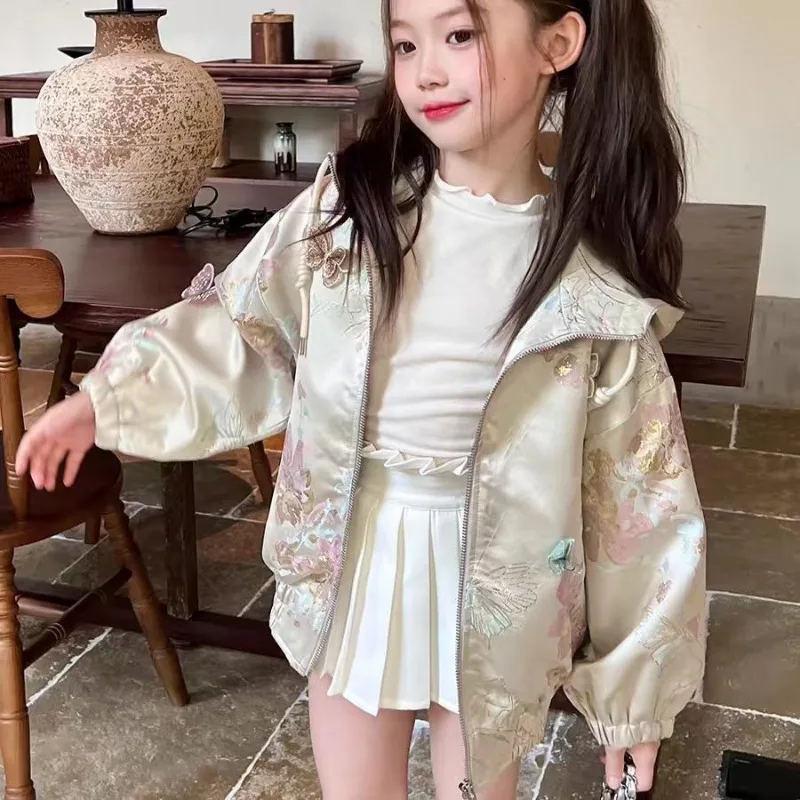 2025 新しい女の子のルーズパーカークリップ春子供のジャカード三次元蝶エスニックスタイル野球シャツジャケット