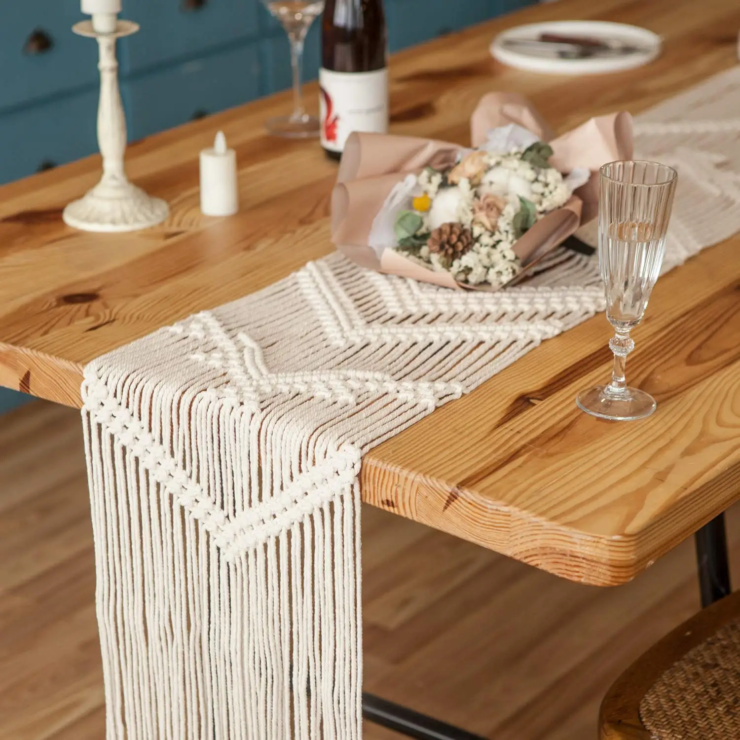 Macrame Table Runner, Woven Wedding Table Decor, Handmade Boho Linen with Tassels, Vintage Farmhouse Decor  for Dining Kitchen