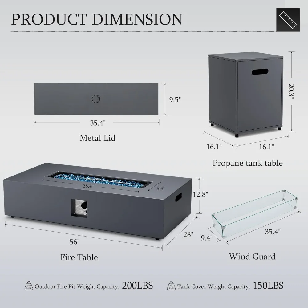56 بوصة في الهواء الطلق غاز البروبان حفرة معدنية للحريق 50000 وحدة حرارية بريطانية الحديد مستطيل Firepit للفناء الخارجي مع خزان طاولة مخفية ، حارس الرياح