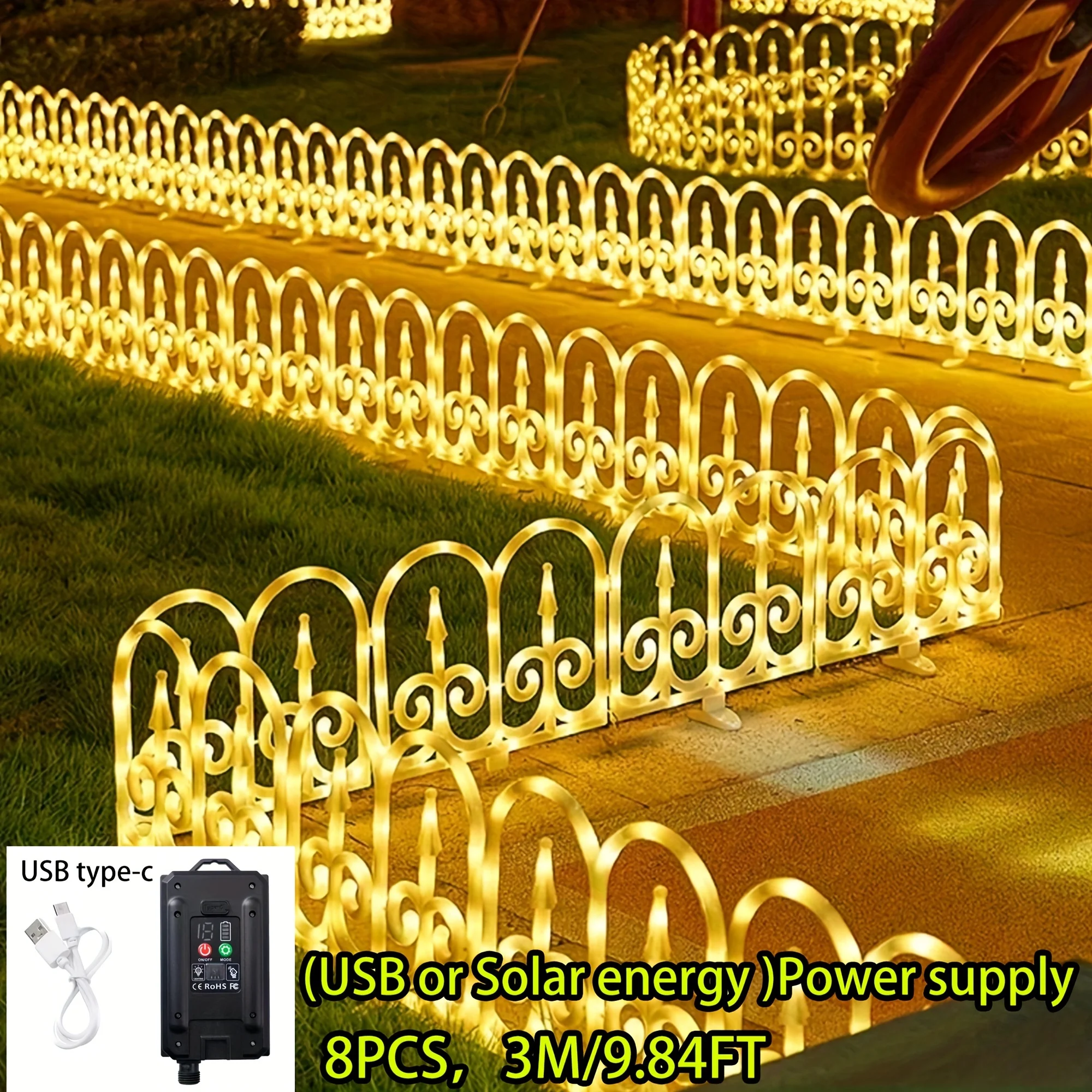 

1 Box Solar Fence Light 8pcs 37x34cm Fence With USB Type-C Charging 8 modes Port New Outdoor Lantern Fence Yard Scene Decoration