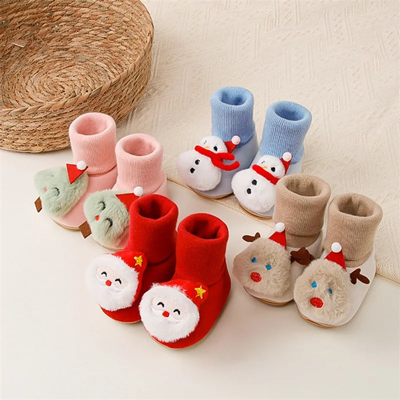 Niedliche Weihnachtssocken für Babys, Plüsch, Weihnachtsmann/Rentier/Schneemann/Weihnachtsbaum, rutschfeste Lauflernschuhe mit weicher Sohle