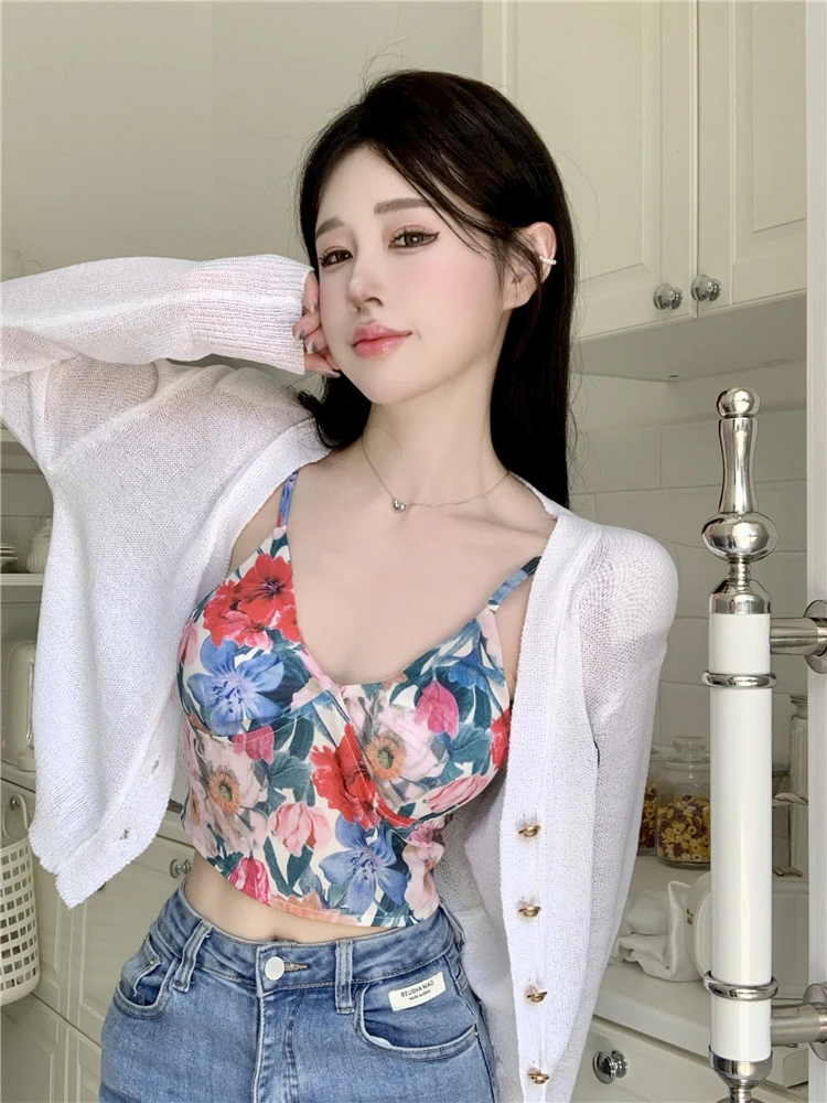 Vintage Fashion Floral Print Camisole Women Summer New Casual Slim Sleeveless Crop Tops Female