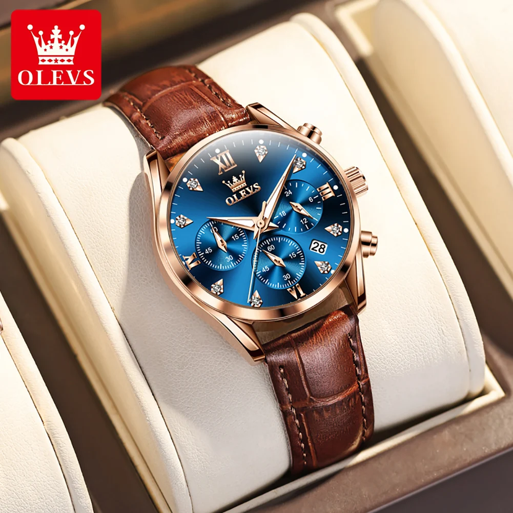 OLEVS Brand New Fashion Blue Quartz Watch for Women Brown Leather Strap Chronograph Watches Luxury Diamond Ladies Wristwatch