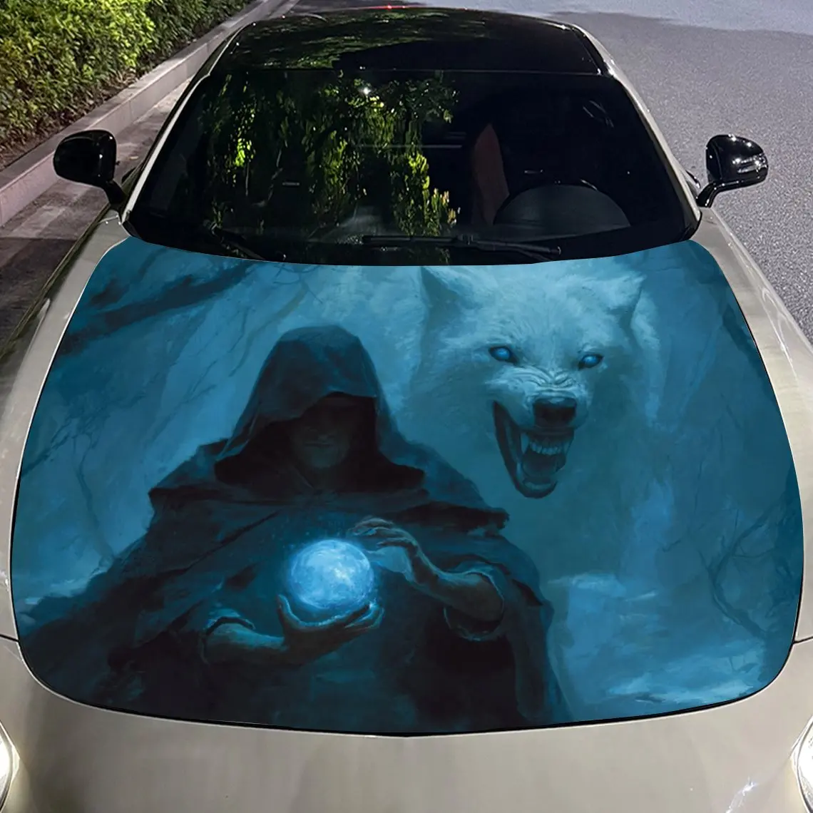 شخصيات غامضة بغطاء للرأس وملصق غطاء محرك السيارة الذئاب، طبقة غطاء حماية شخصية محرك PVC متينة، سهلة التركيب وات #4