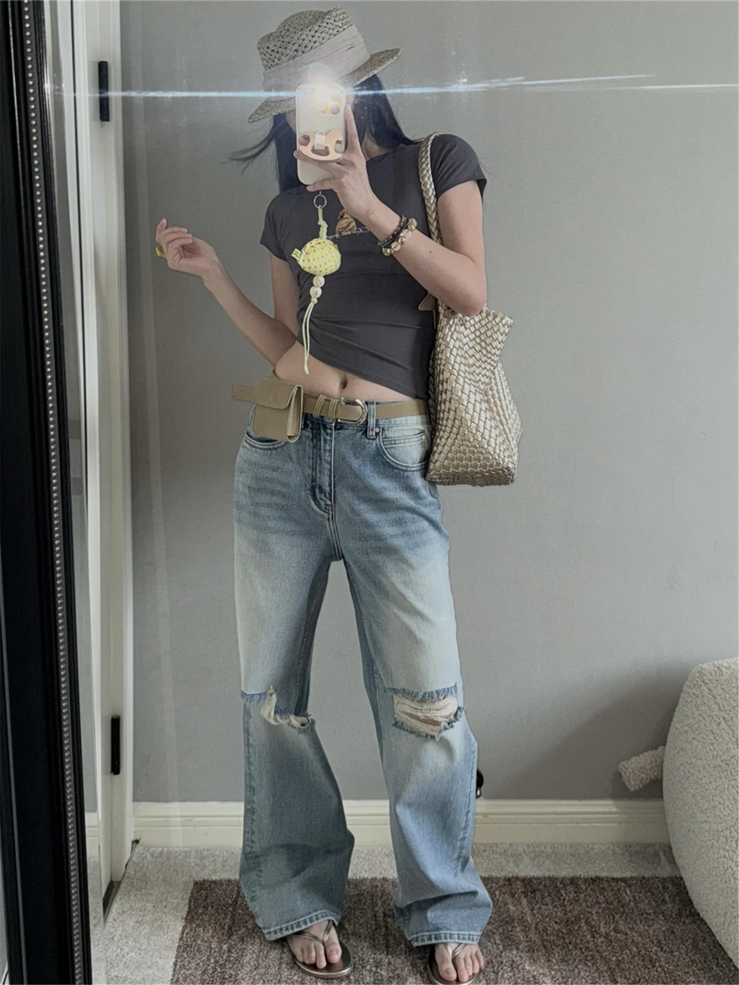 

Американские винтажные светло-голубые рваные джинсы для женщин с высокой талией, утягивающие, удлиненные, широкие брюки, повседневные, из хлопка