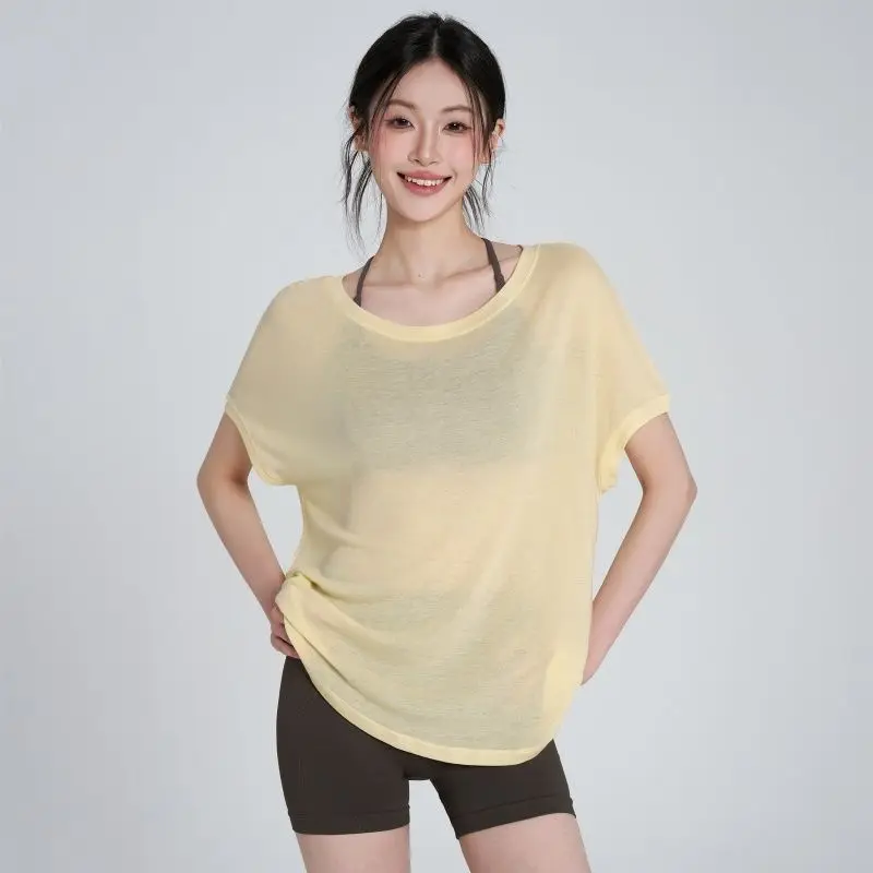 Loose Women's Short Sleeve T-Shirt Yoga Running Fitness Sport Hollow out Design Summer Dance V-neck Sleeveless Top
