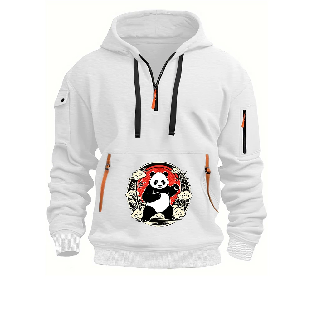 2026 Spring Autumn Constant Temperature Comfort Coat Panda Logo Print Men's Anti Collision Shirt Half Zipper Drawstring Hoodies