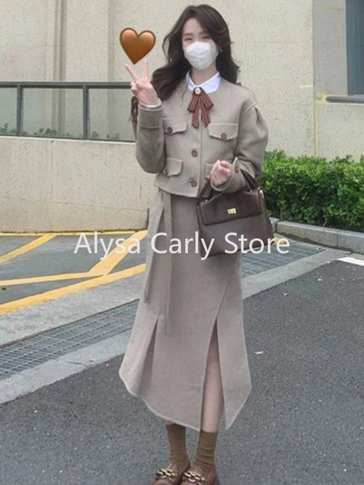 Japan Uniform Two Piece Set Women Winter Warm Cropped Coat Elegant Midi Skirt Set Fairy Sweet Vintage Casual Party Skirt Set New