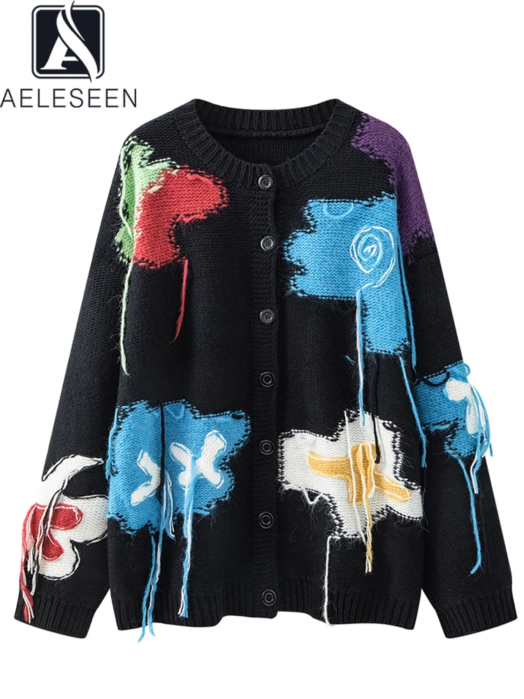 AELESEEN Women Casual Knitter Sweater Design Fashion O-Neck Colorful Printed Tassel Black Loose Cardigan Holiday Top