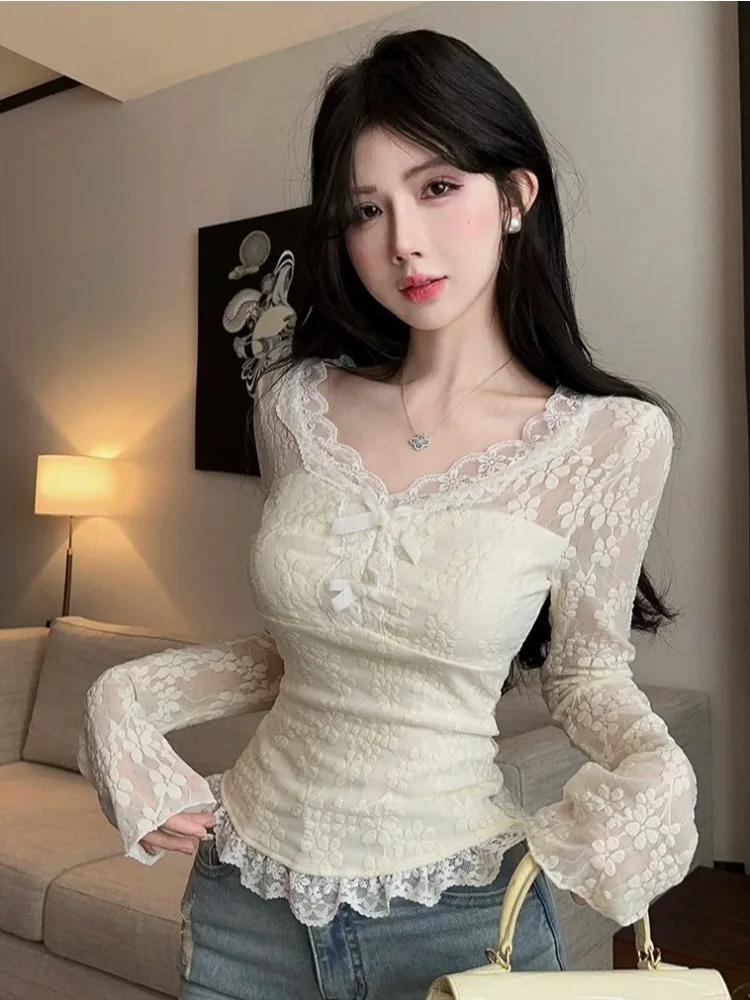 Blouses Women Lovely Summer Cute Club Girl Harajuku Chic Mujer Blusas Casual Korean Style Y2k Bow Hotsweet Fashion Sheer V-neck