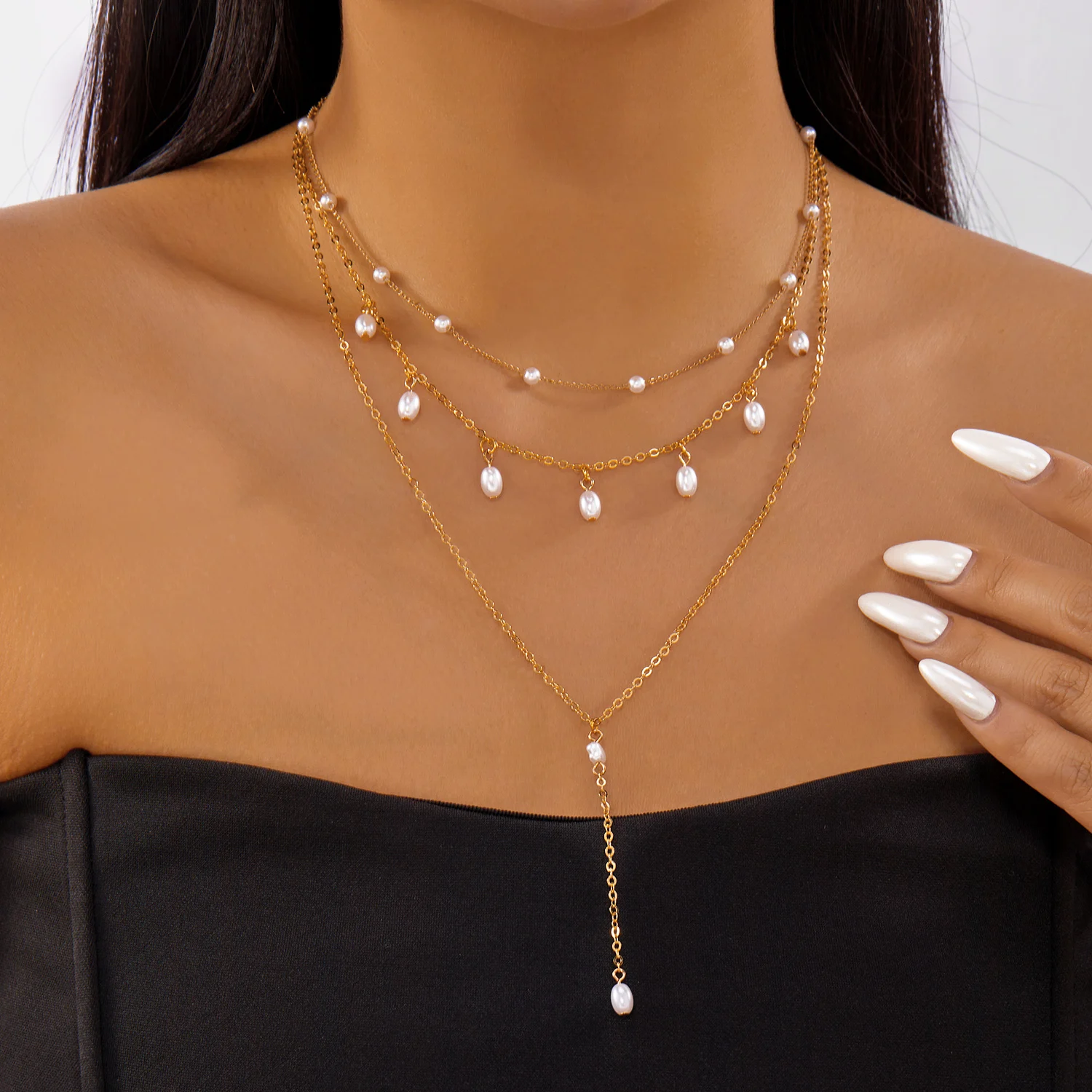 Moderne barocke Imitationsperlen-Halskette für Frauen, glitzernde Herz-Gold-Farben-Kette, geschichtete Halskette, Party-Schmuck-Accessoires – Detail 9