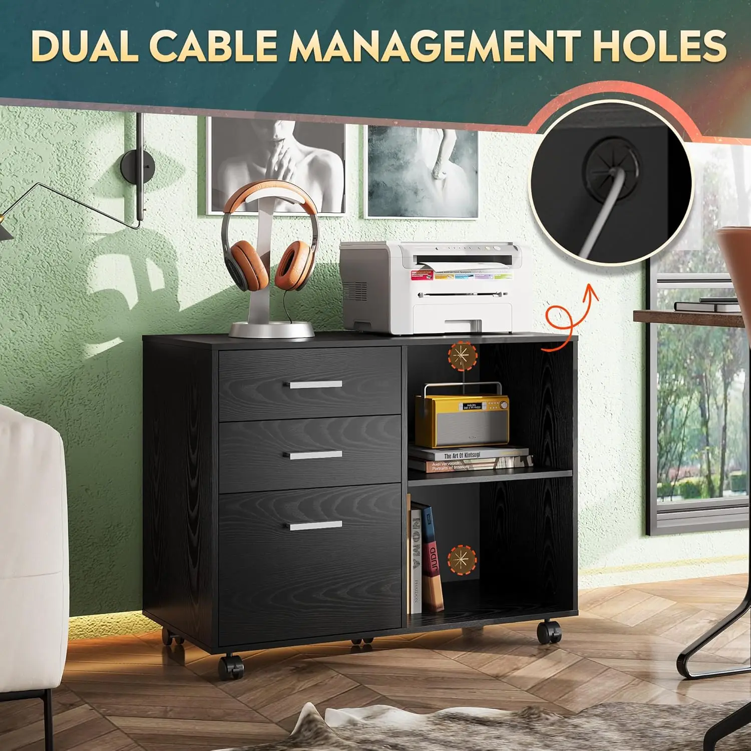 خزانة ملفات متنقلة ذات 3 أدراج، خزانة ملفات جانبية خشبية، حامل طابعة مع أرفف مفتوحة للمكتب المنزلي، أسود #3