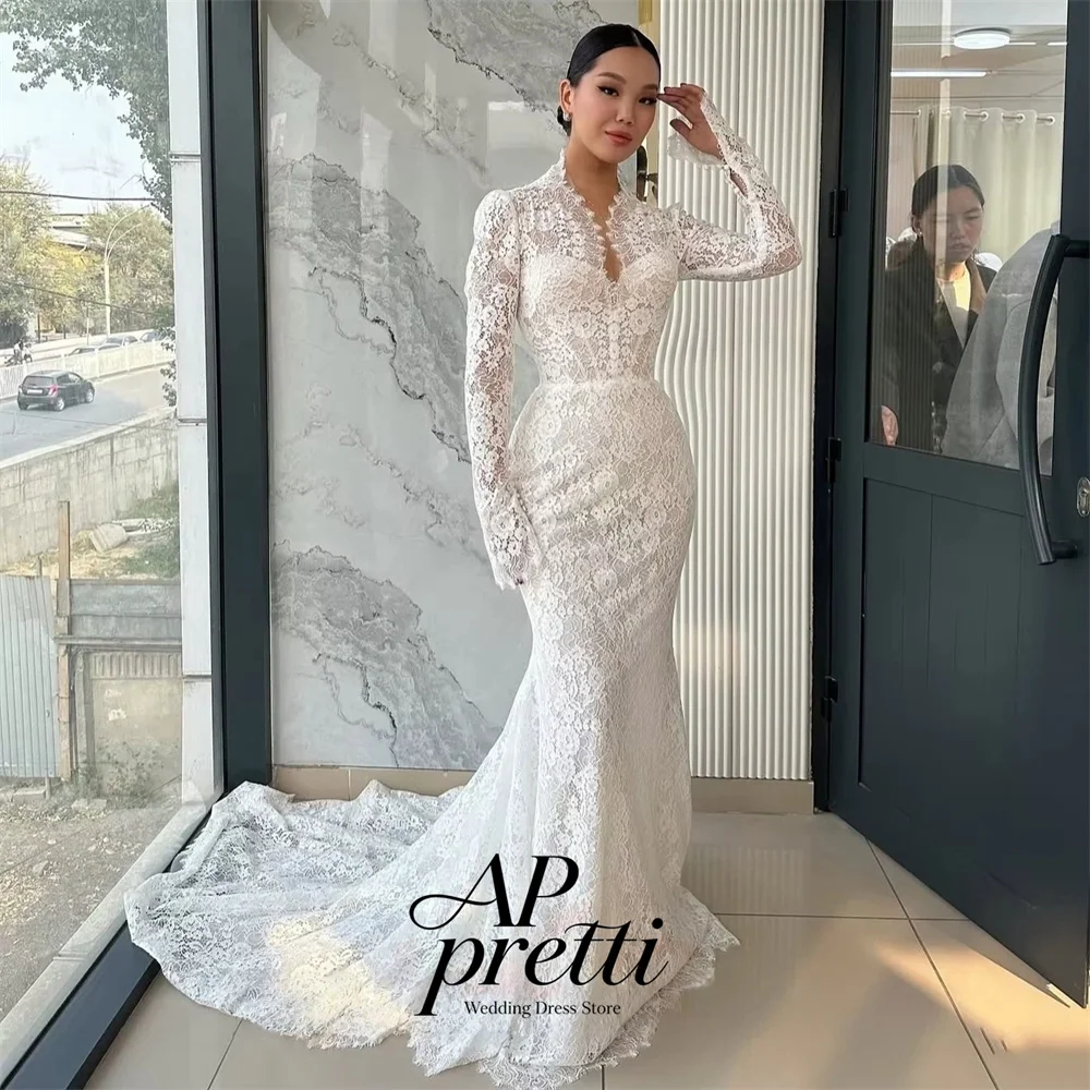 AP pretti Gorgeous Customized V-Neck Long Sleeve Wedding Dresses For Woman Lace Mermaid Trumpet Bridal Gown Vestidos De Novia