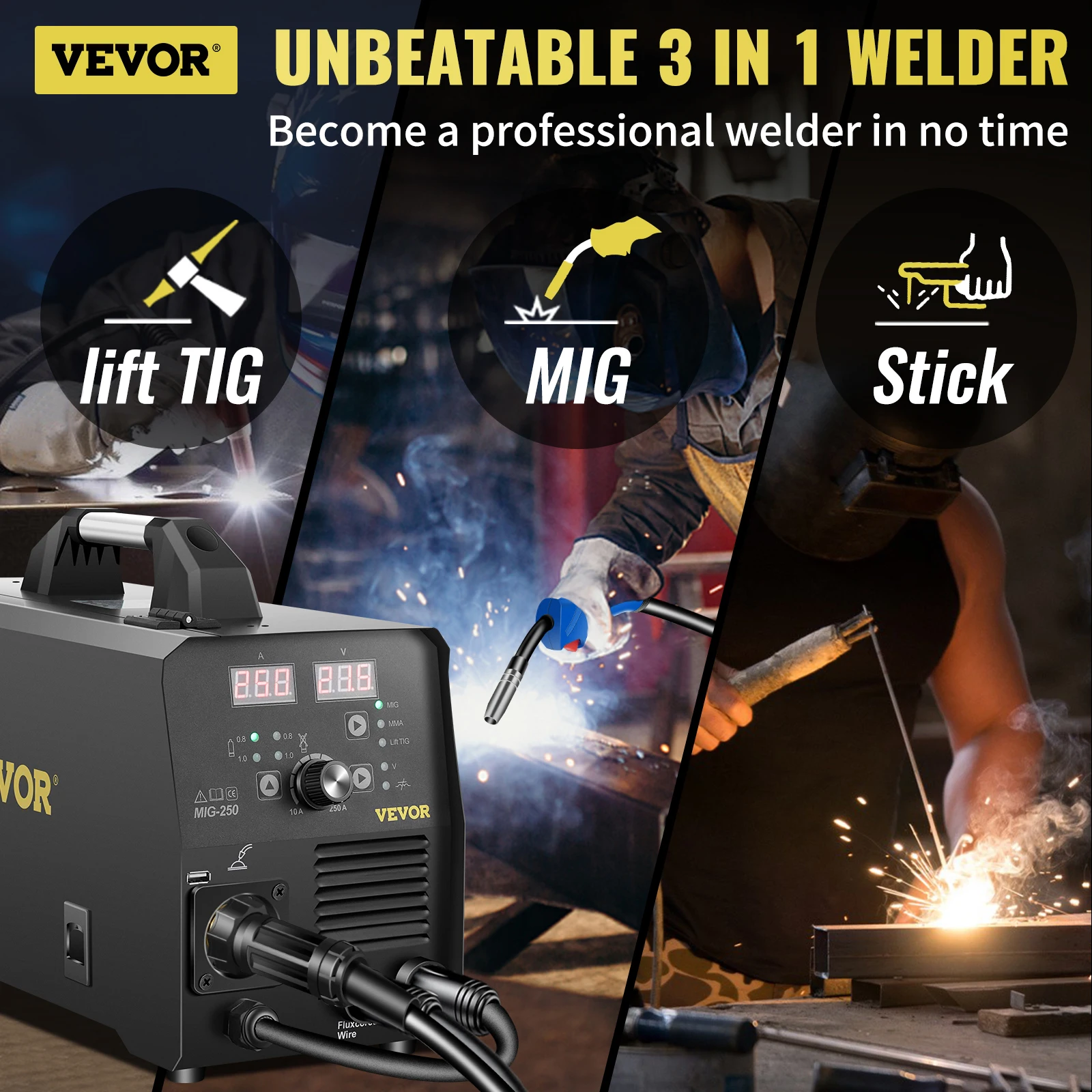 VEVOR 250A MIG MMA Lift TIG Welder 220V 3 in 1 Functions Flux Core Wire Welding Machine Gas/Gasless Switchable Mode with Gun