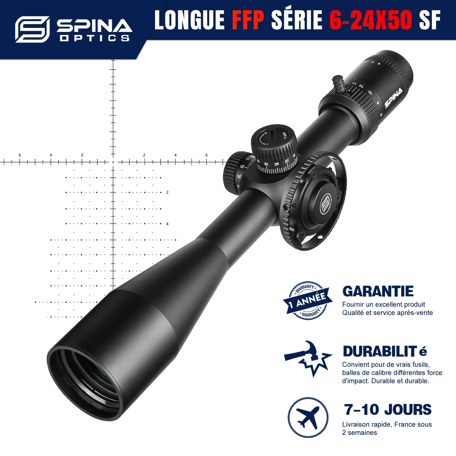 SPINA OPTICS HD 6-24x50 FFP Tactical First Focal Plane Riflescope 1/8 MOA Min Focus 10yds Hunting Rifle Scope Fit AR.223.308 etc