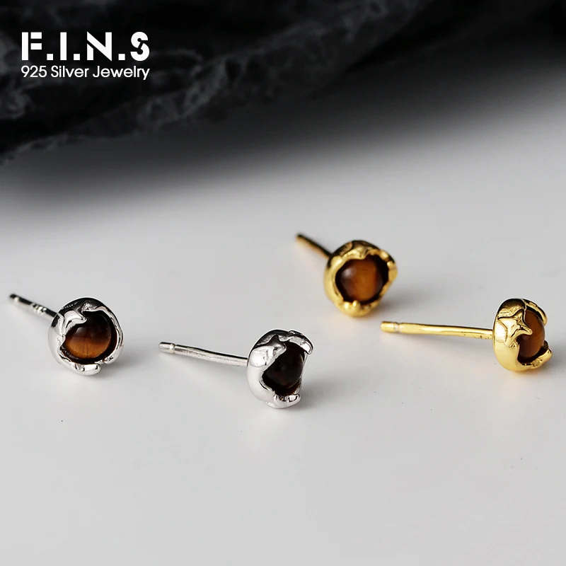 

F.I.N.S Retro Simple S925 Sterling Silver Gradient Tiger Eye Stone Earrings Irregular Small Round Piercing Ear Fine Jewelry