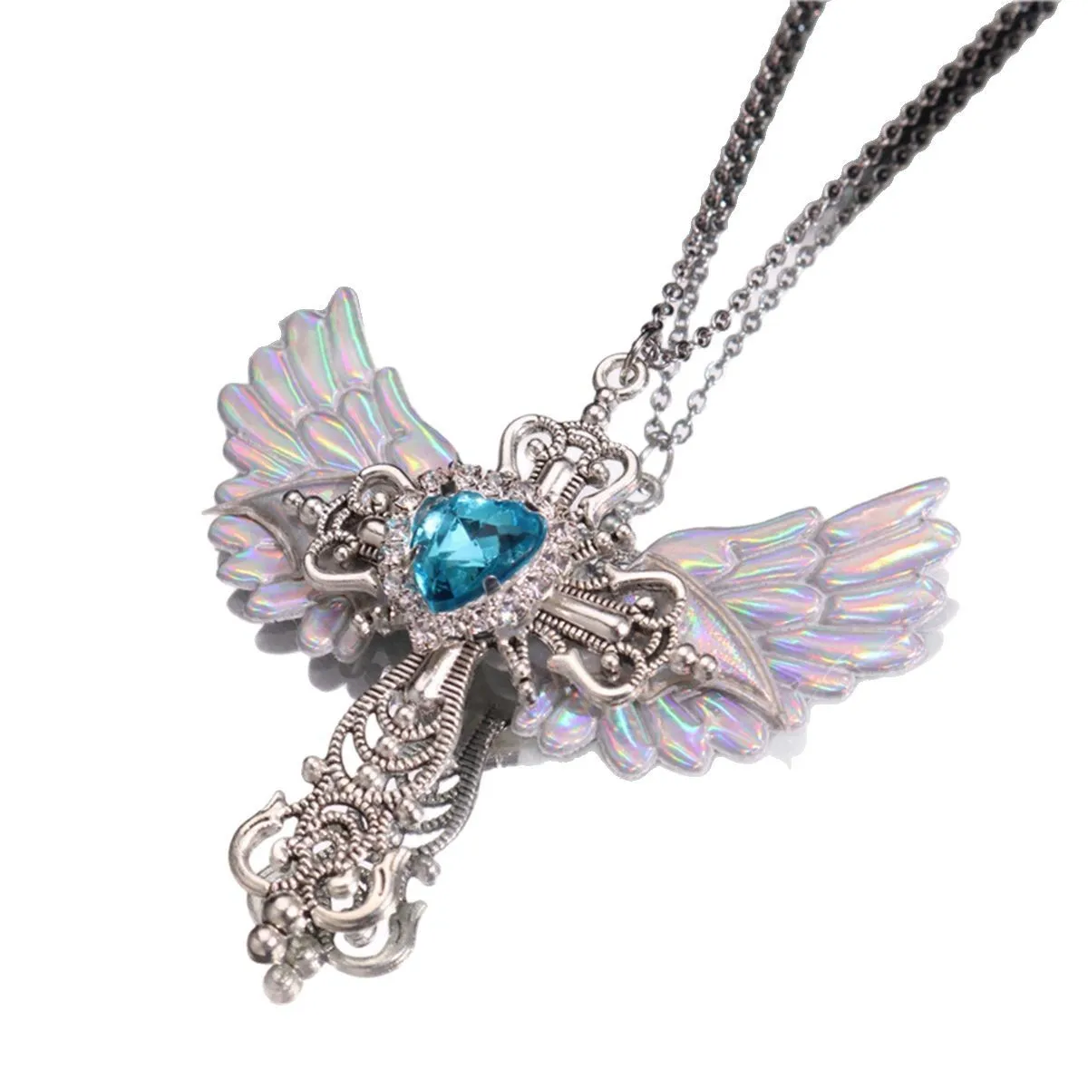 Y2K Crown Heart Angel Wings Cross Pendant Necklaces for Women Crystal Metal Crucifix Clavicle Chain Choker Jewelry Gift Decor