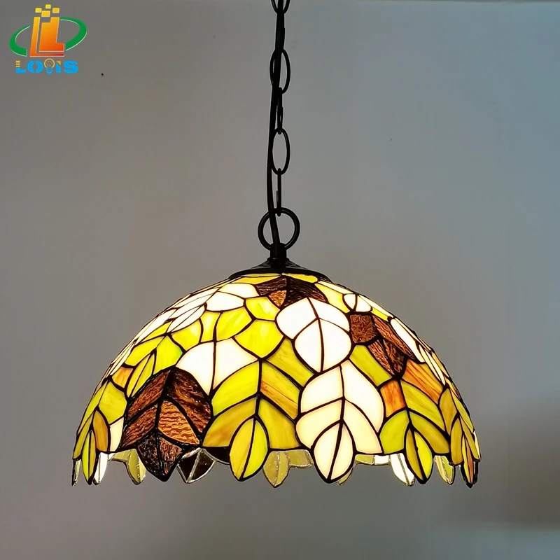 

30CM European Style Maple Leaf Pendant Lamp Tiffany Style Western Restaurant Bar And Table Lighting Antique Art Glass Lamp E27