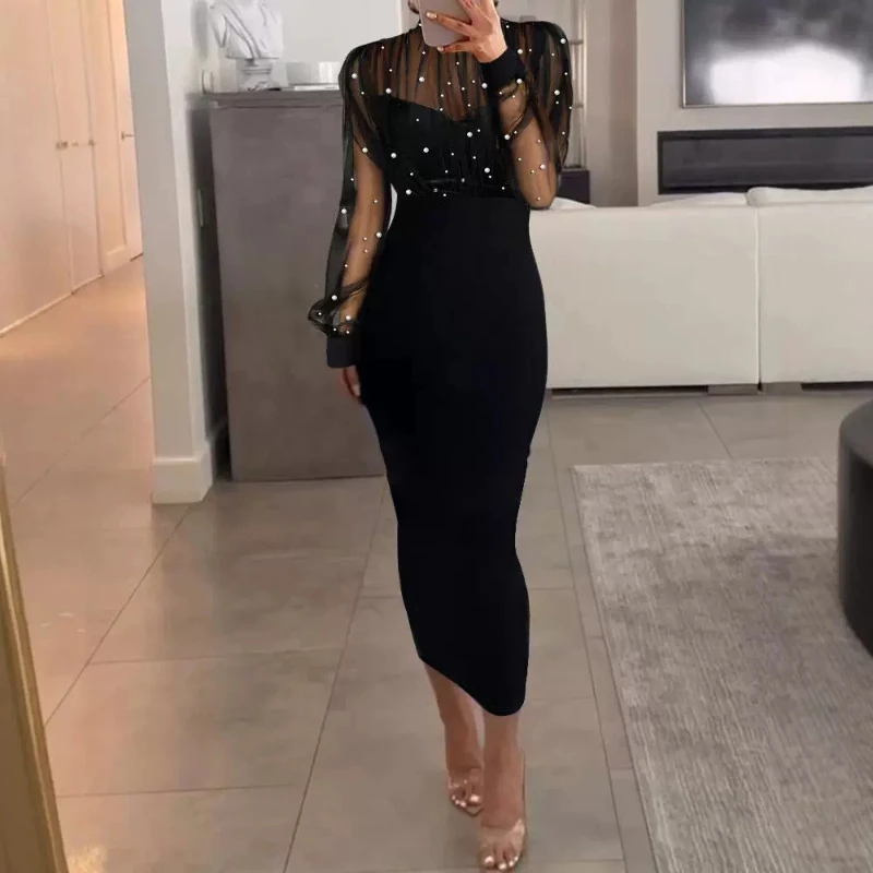 Frauen Mesh Perle Spleiß langes Kleid voller Ärmel Slim Fit Wickel Hüft kleider Scheide Abend Vestidos sexy elegante hohe Taille