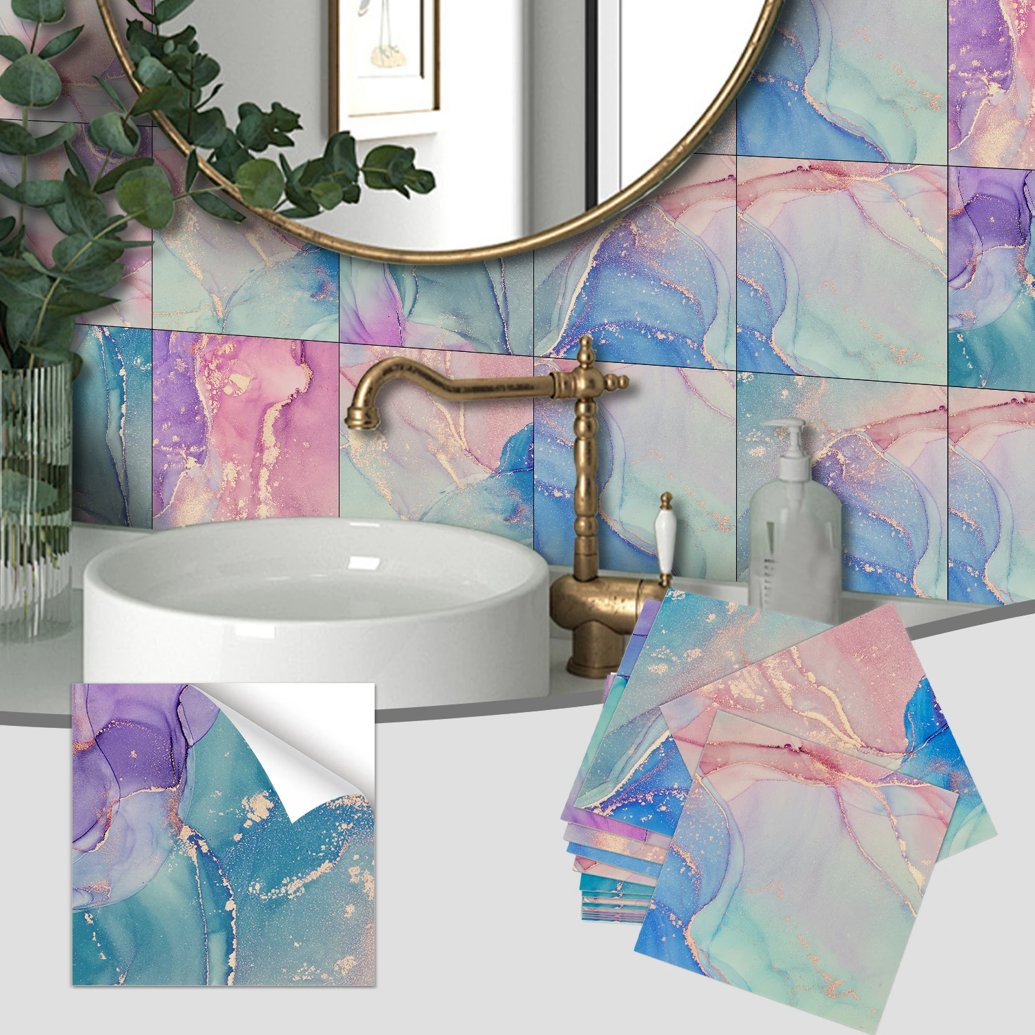 8PCS/Set Marble Colorful Wall Stickers for Home Room Decoration, Kitchen Living Room Self-Adhesive Waterproof PVC Tile Stickers