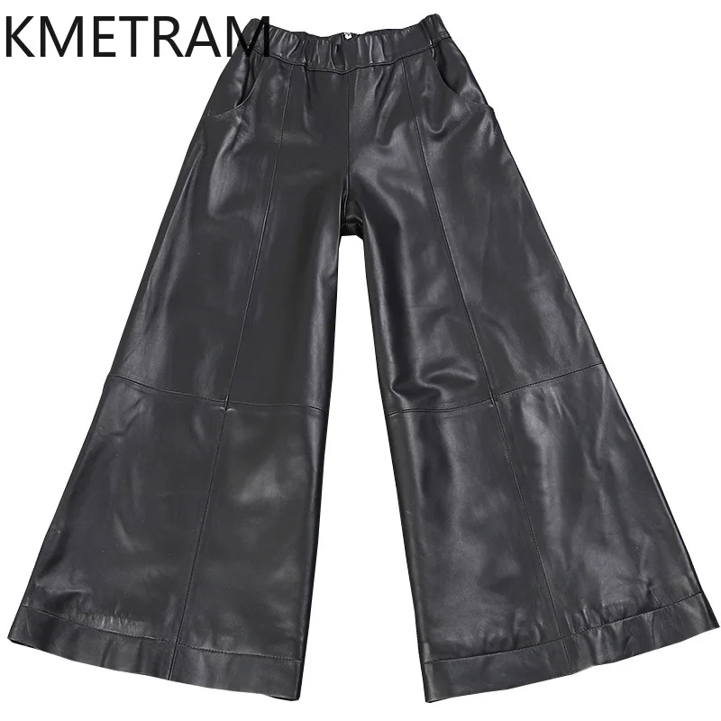 KMETRAM 100% Top Layer of Sheepskin Women Pants 2025 Autumn High Waisted Pants Genuine Leather Wide Leg Trousers Woman Clothing