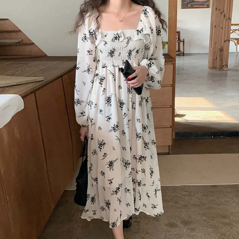 Vestido Retro Chic de manga larga con estampado Floral otoñal para mujer, falda empalmada con cuello cuad y manga de burb...