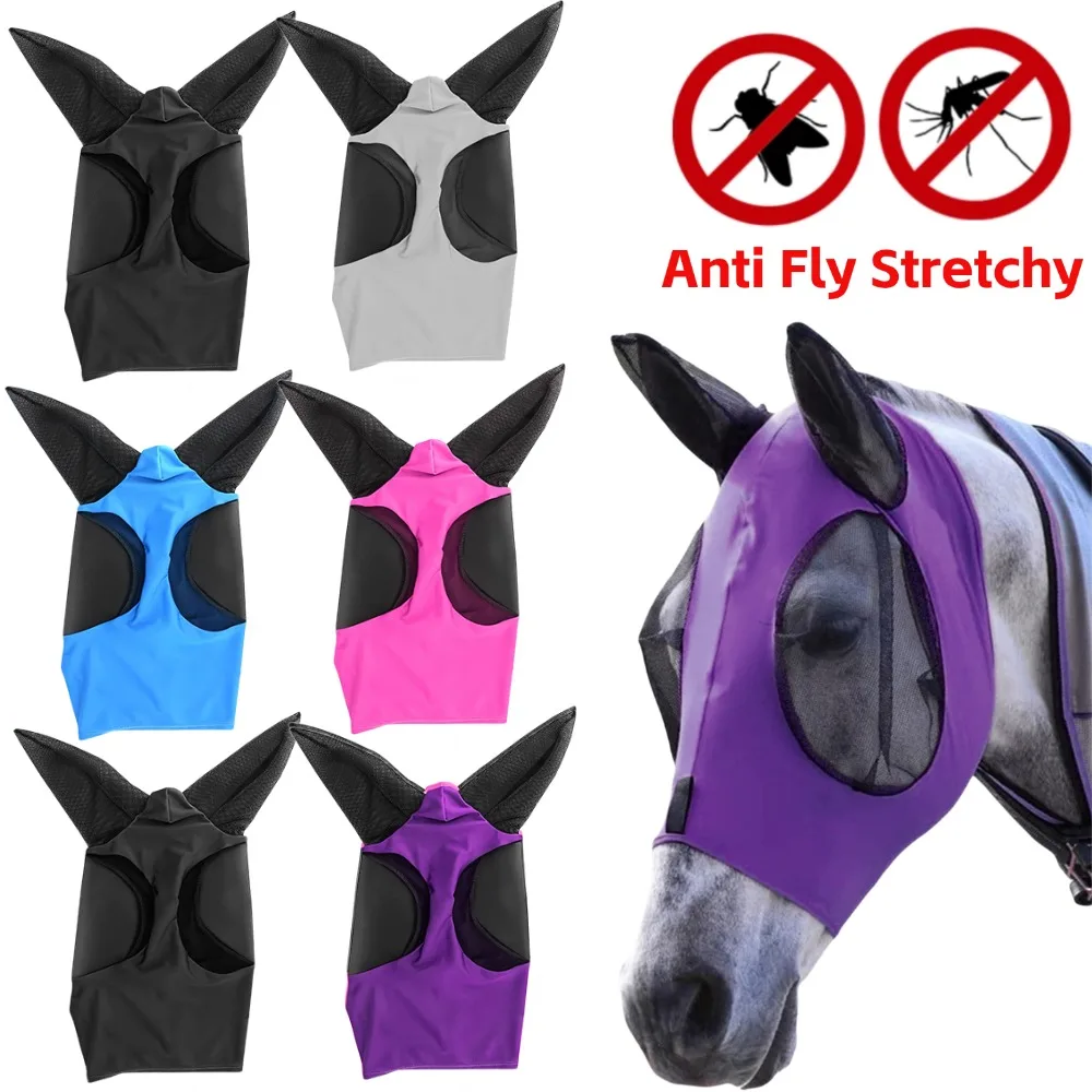 Anti Fly Stretchy Knitted Mesh Mask Breathable Fly Mask Bonnet Net Ear Protection Equine Mask Horse Riding Equestrian Equipment