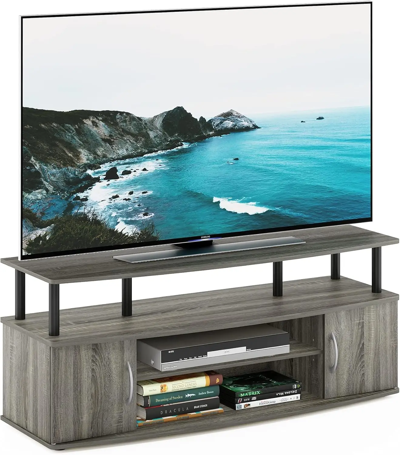 

Large TV Stand for Up to 55 Inch Screens, French Oak Grey/Black Entertainment Center