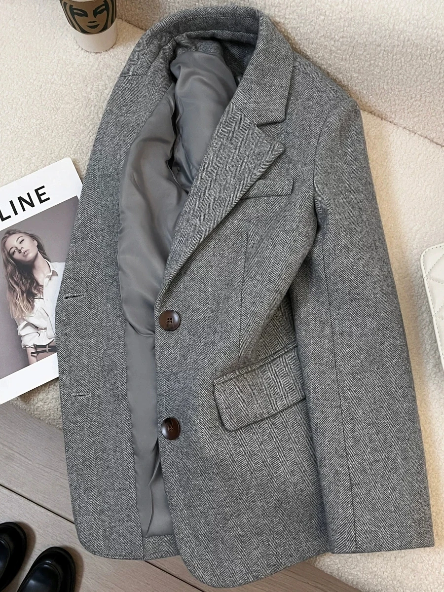 Gray Herringbone Woolen Suit Jacket Women's Commuter Casual Style Long Sleeve Button up Regular Length Polyester Fiber