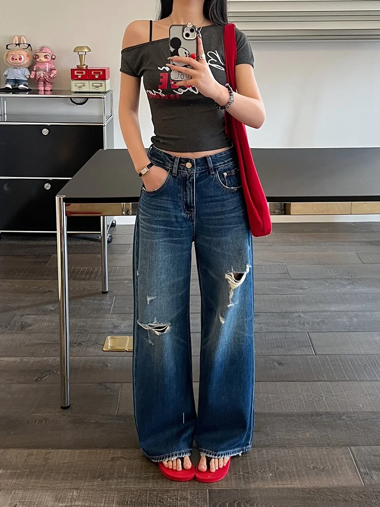

High Waist Straight Leg Denim Jeans Women's Spring 2026 New Style Deep Blue Hole No Elastic Wide Leg Pants Vintage Washed