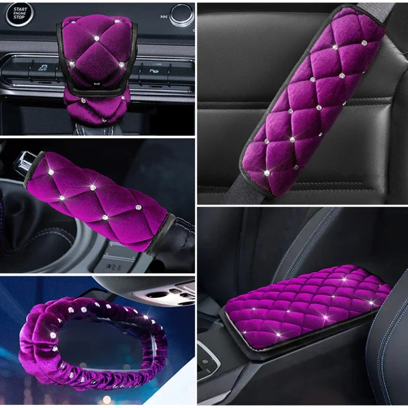 Plush Car Gear Shift Handbrake Rearview Mirror Armrest Cover Shoulder Pad Set Purple Crystal Decor Set Car Accessories for Woman