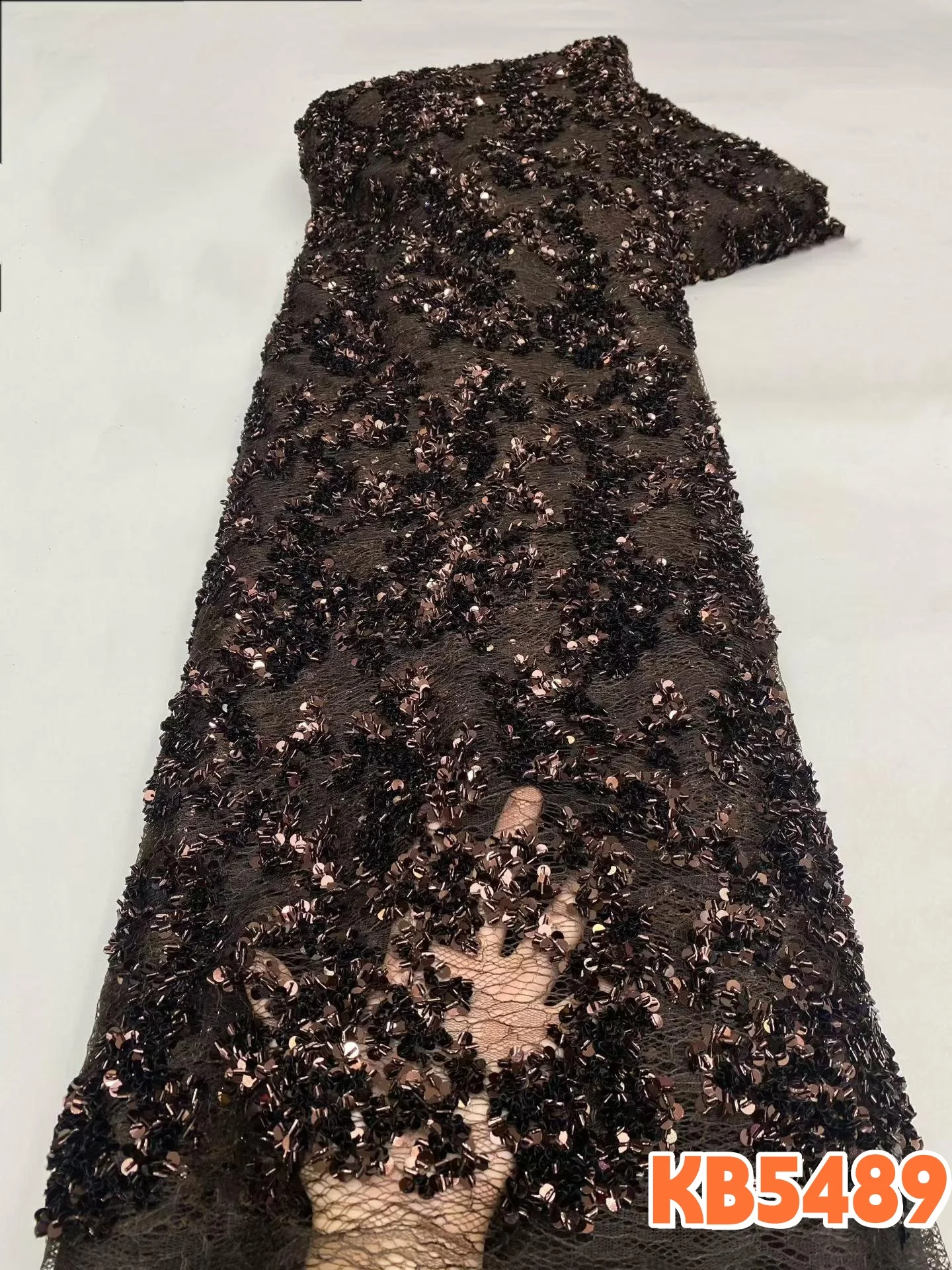 Brown Beaded Lace Fabric African French Mesh With Sequence Embroidery Fabric 5 Yards Silver For Wedding Party Dress KB5489