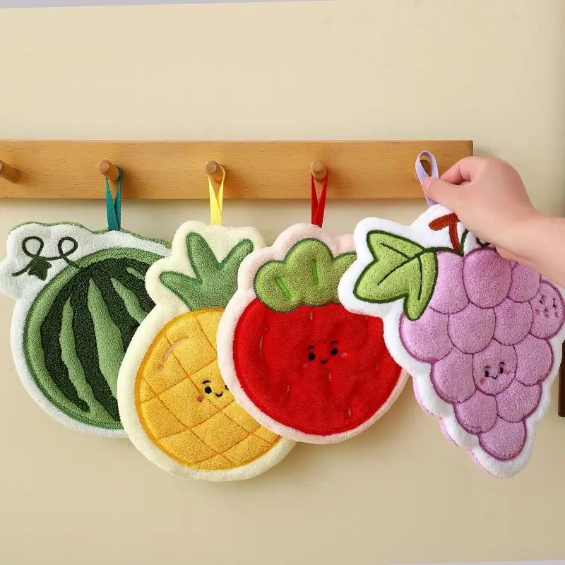 (Ce14)Fruit Hand Towel Kitchen Absorbent Cleaning Cloth Hanging Quick Drying Coral Fleece Rag Bathroom Flower Hand Cloth