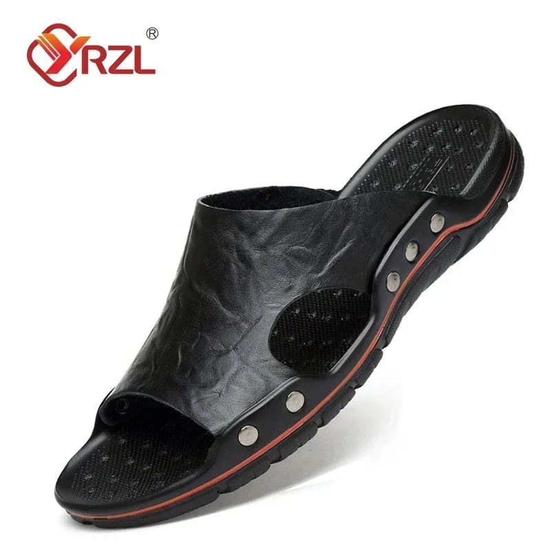 YRZL Mens Sandals PU Leather Classic Summer Men Slippers Soft Black Slippers Big Size Slippers Lightweight EVA Slides for Men