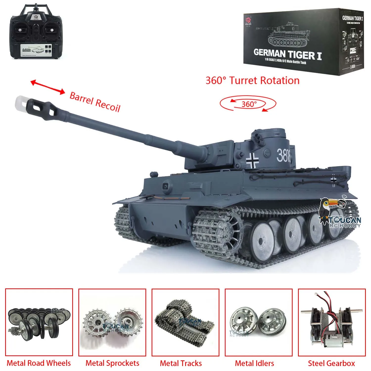 Toys Heng Long 1/16 7.0 Tiger I RTR RC Tank 3818 W/ Barrel Recoil 360°Turret Metal Tracks Wheels BBs Toucan Cars Panzer Model