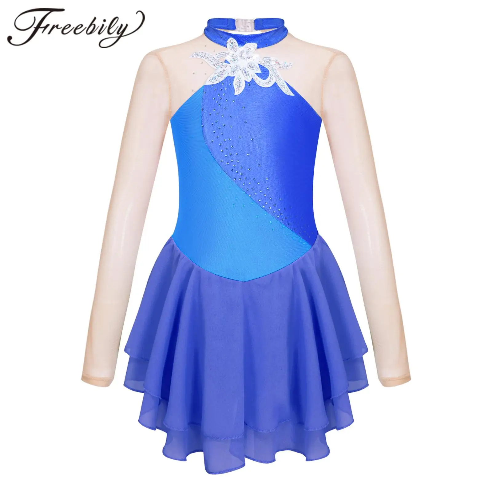 

Kids Girls Long Sleeve Ice Figure Skating Dress Shiny Rhinestone Dancewear Sheer Mesh Tutu Ballet Gymnastics Dance Leotard Dress