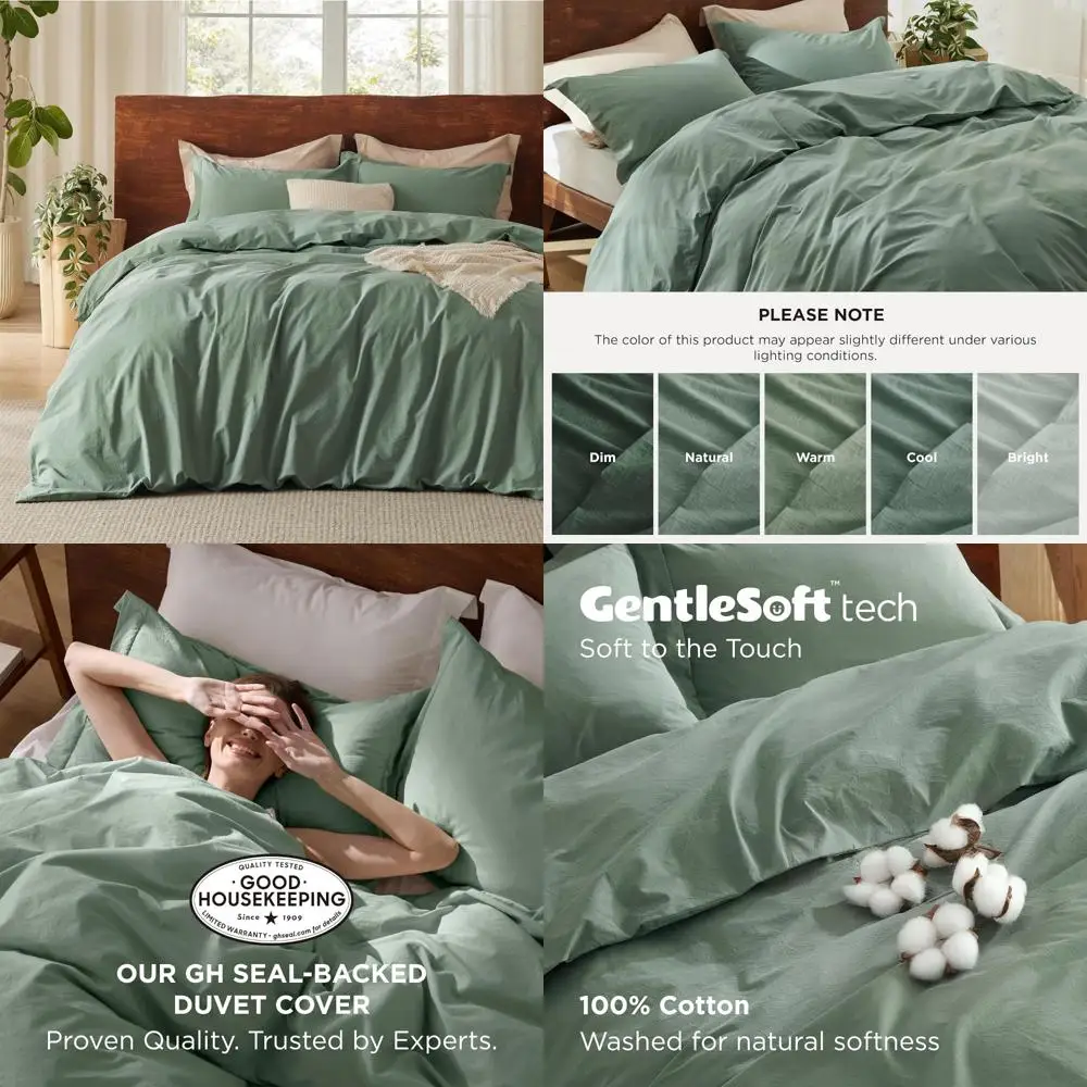 

100% Cotton Queen Duvet Cover - Iceberg Green Minimalist Style for All Seasons - Washed Linen Feel, Suitable for Year-Round Use