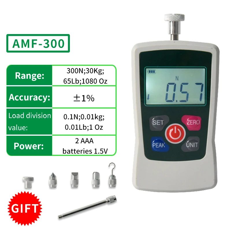 AMF-300N 300N؛ 30 كجم؛ 65 رطل؛ 1080 أونصة مقياس القوة الرقمي أونصة، رطل، N، كجم، أداة قياس قوة الدفع المحمولة #1