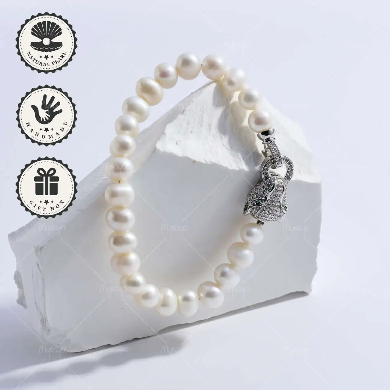 

MYSOYA Браслет из белого пресноводного жемчуга 8-9 мм с серебряной застежкой-пантерой, подарочная коробка, идеальный подарок на день рождения и годовщину