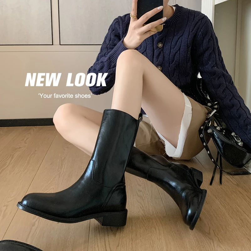 2023 new Autumn winter women mid-calf boots natural leather 22-24.5cm cowhide+sheepskin modern Boots Wide barreled boots