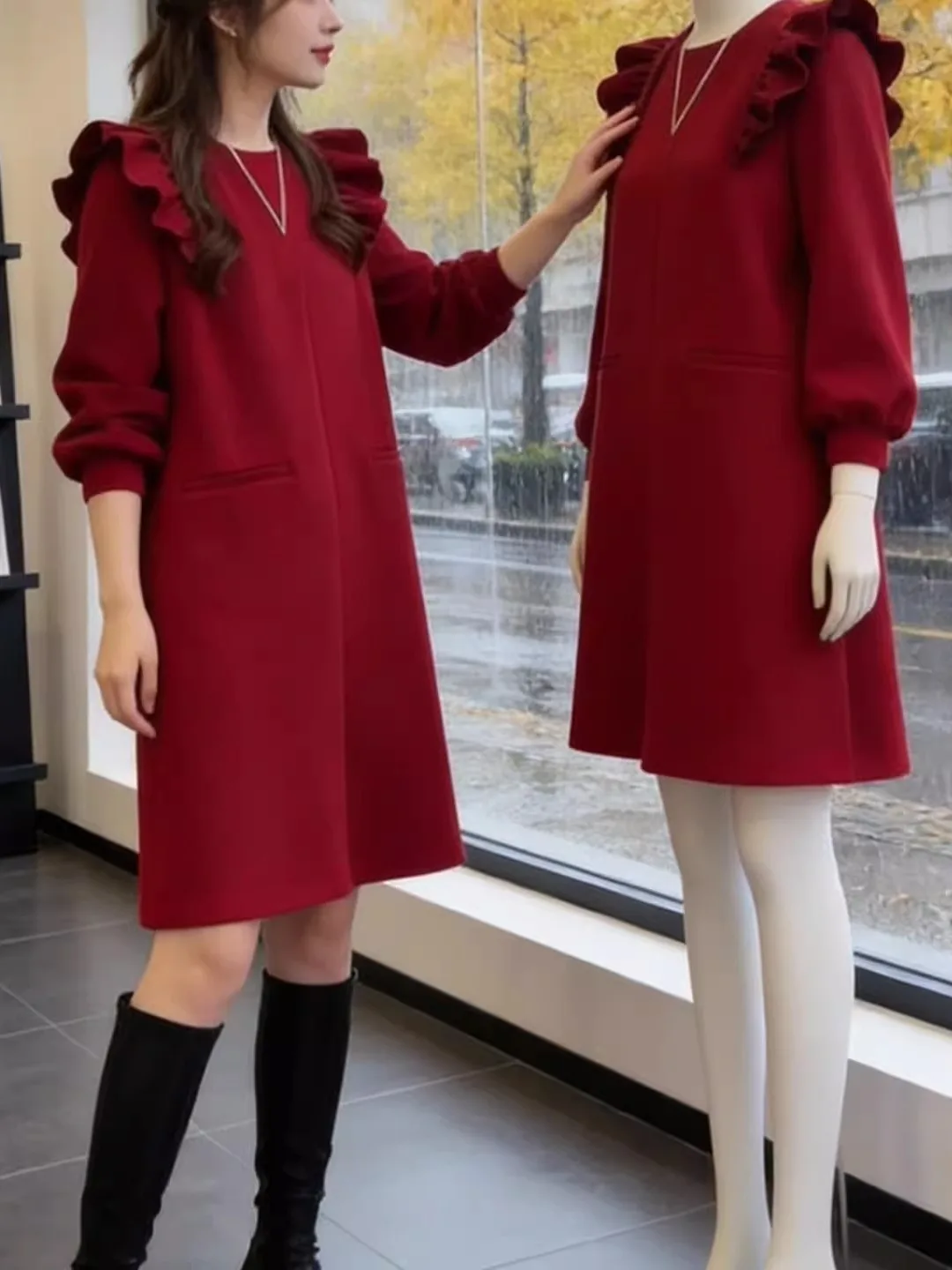 

Красное вязаное платье для женщин, свободного кроя, с длинным рукавом, на осень-зиму-весну, с высокой талией, миди, повседневное, для уличной моды, для вечеринок