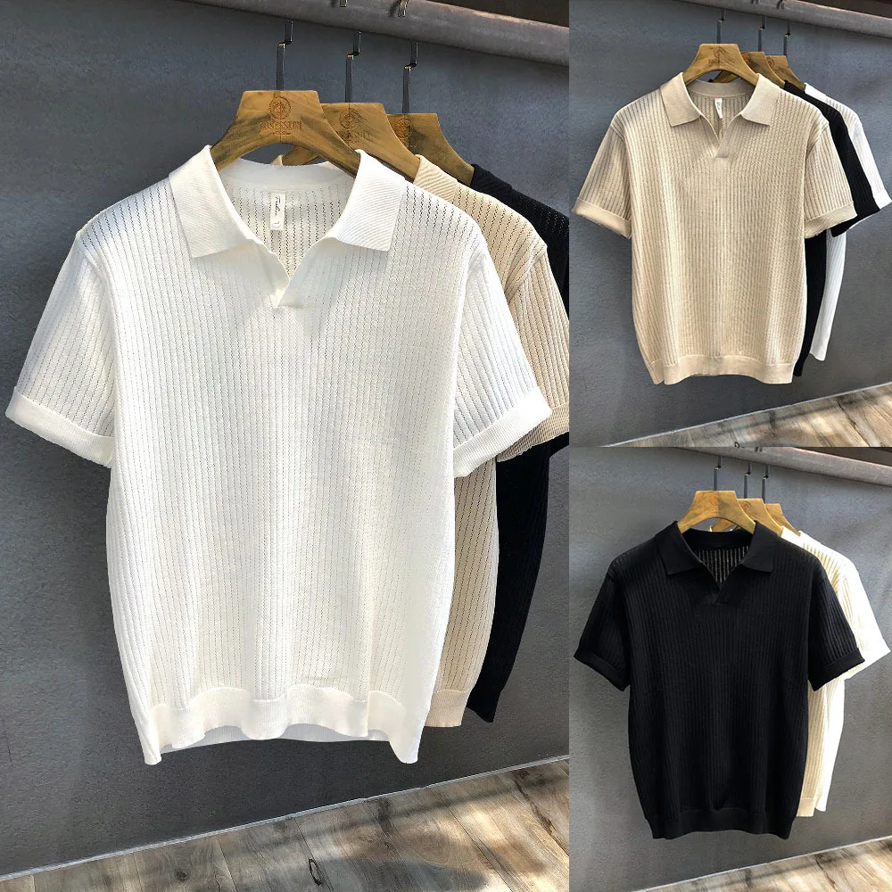 Ice Silk Summer POLO Shirt Short Sleeve Knitted Sweater Men's V-Neck Seagull Neck Hollow T-Shirt