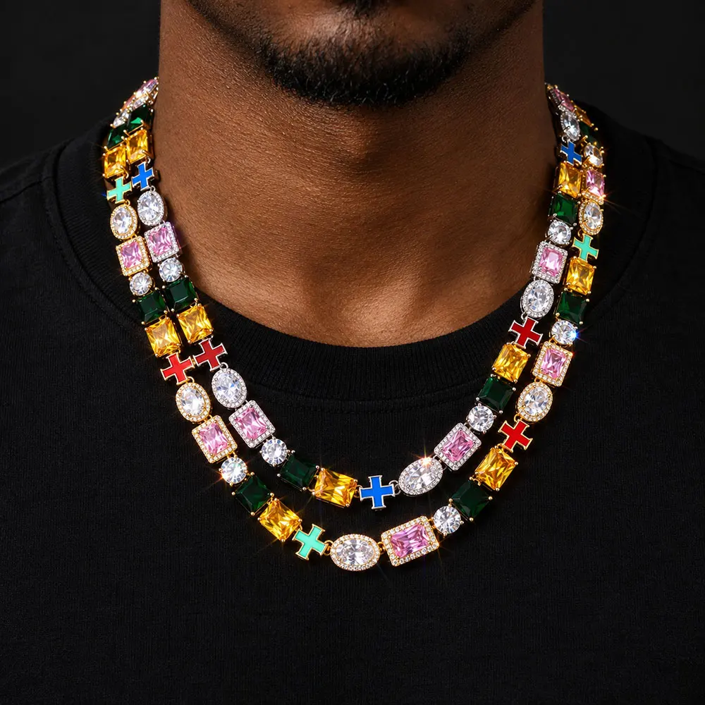 NUOYA Luxury Jewelry Tennis Chain Necklace baguette Diamond Colored Enamel Cross Hip Hop Jewelry Gifts for Men and Women
