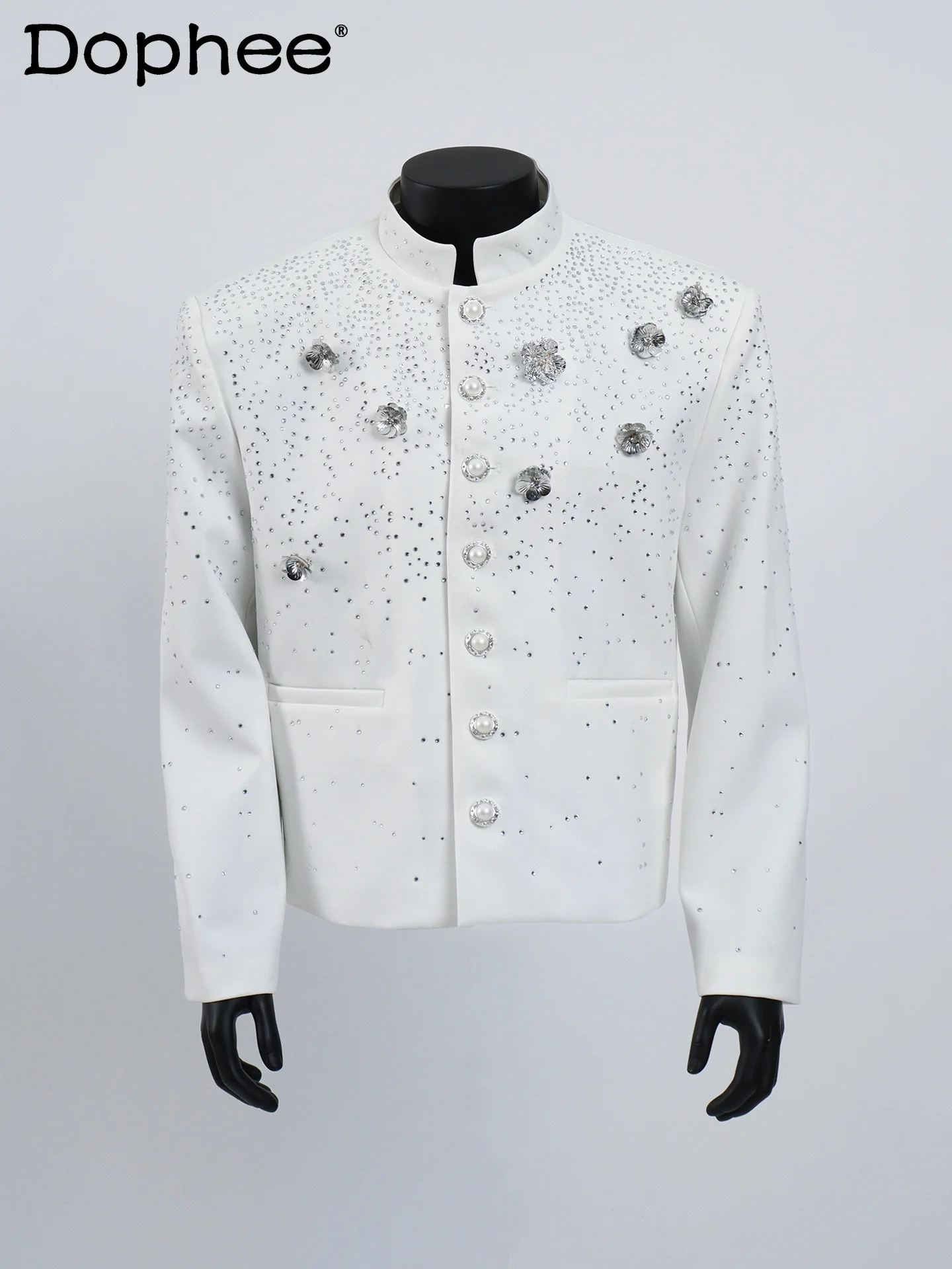 

New Chinese Style Stand Collar Heavy Ironing Rhinestone Black Suit Jacket Light Luxury Design Sense Flower Small Suit for Men