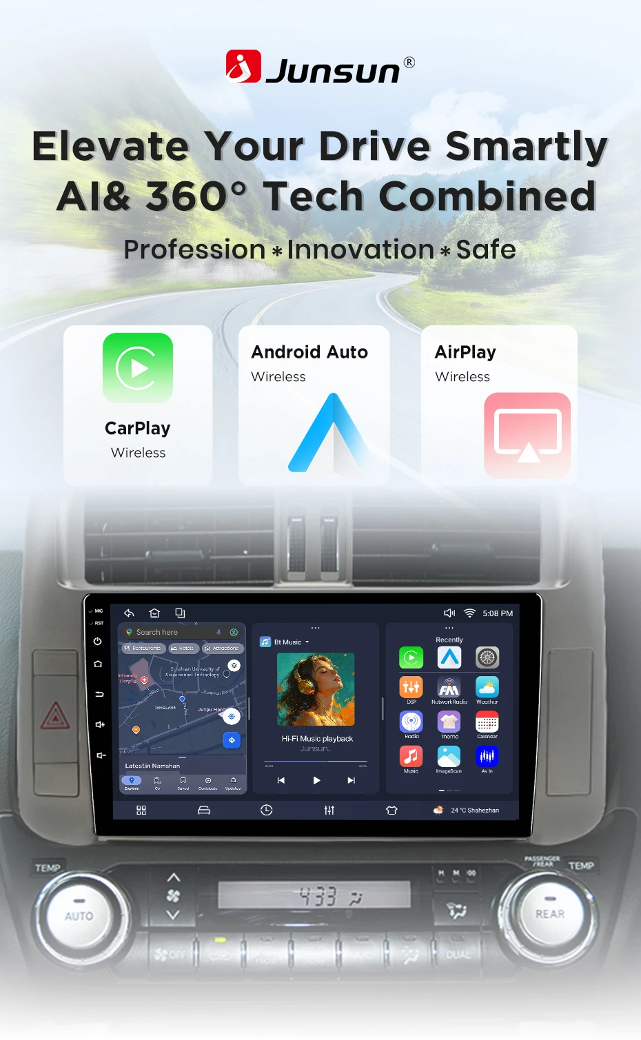 Junsun Android 15 Intelligente Autosysteme für Toyota Land Cruiser Prado 150 2009-2013 AI Wireless CarPlay für Apple Auto – Detail 2