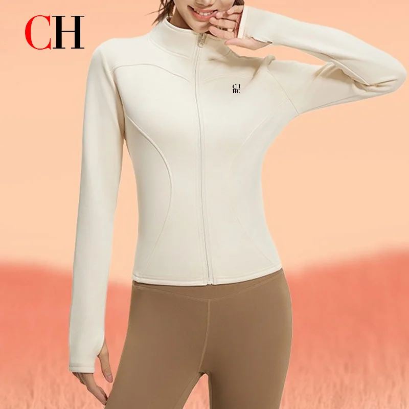 CH Women Zip Up Workout Jacket Stand Collar Long Sleeve Thumb Hole Yoga Top Slim Fit Fitness Sportswear Activewear