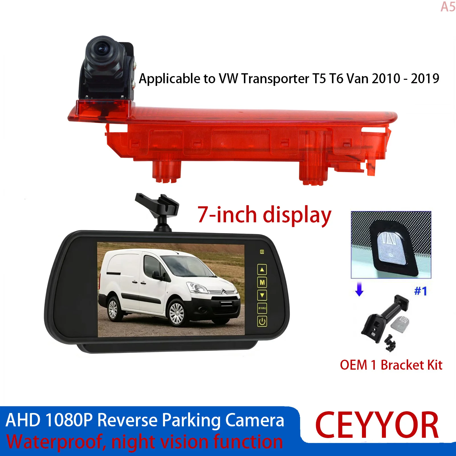 AHD 1080P 7 Inch Monitor Brake Light Rear View Camera For VW Transporter T5 T6 Van 2010-2019 Waterproof Night Vision