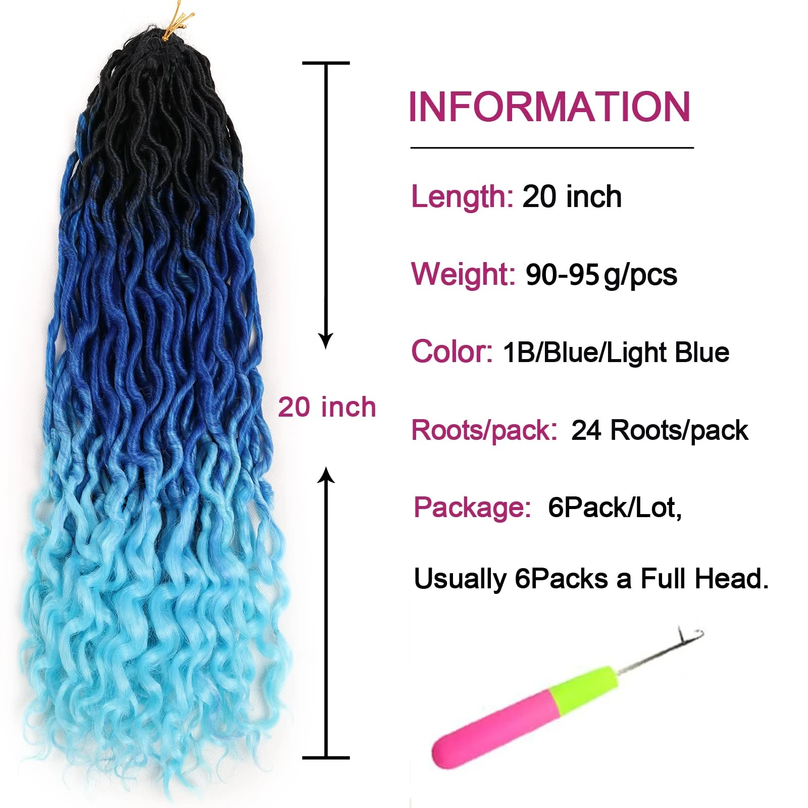 شعر كروشيه مجعد فو لوكس للنساء السود 20 بوصة شعر كروشيه آلهة جديدة مع أطراف مجعدة أومبير أزرق مموج فو لوكس سينث