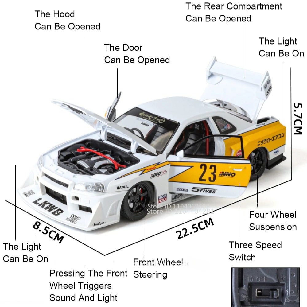 1:24 GTR S15 R34 Auta ze Stopu Metalu Zabawki Odlewane Modele 4 Otwierane Drzwi Dźwięk Światło Napęd Pull Back Miniaturowy Samochód Sportowy Ozdoby do Domu